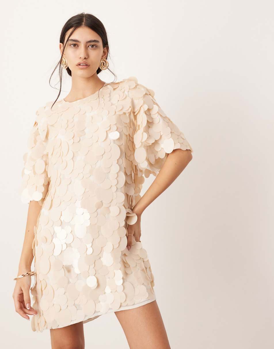 ASOS EDITION embellished matte disc sequin t-shirt mini dress in off white