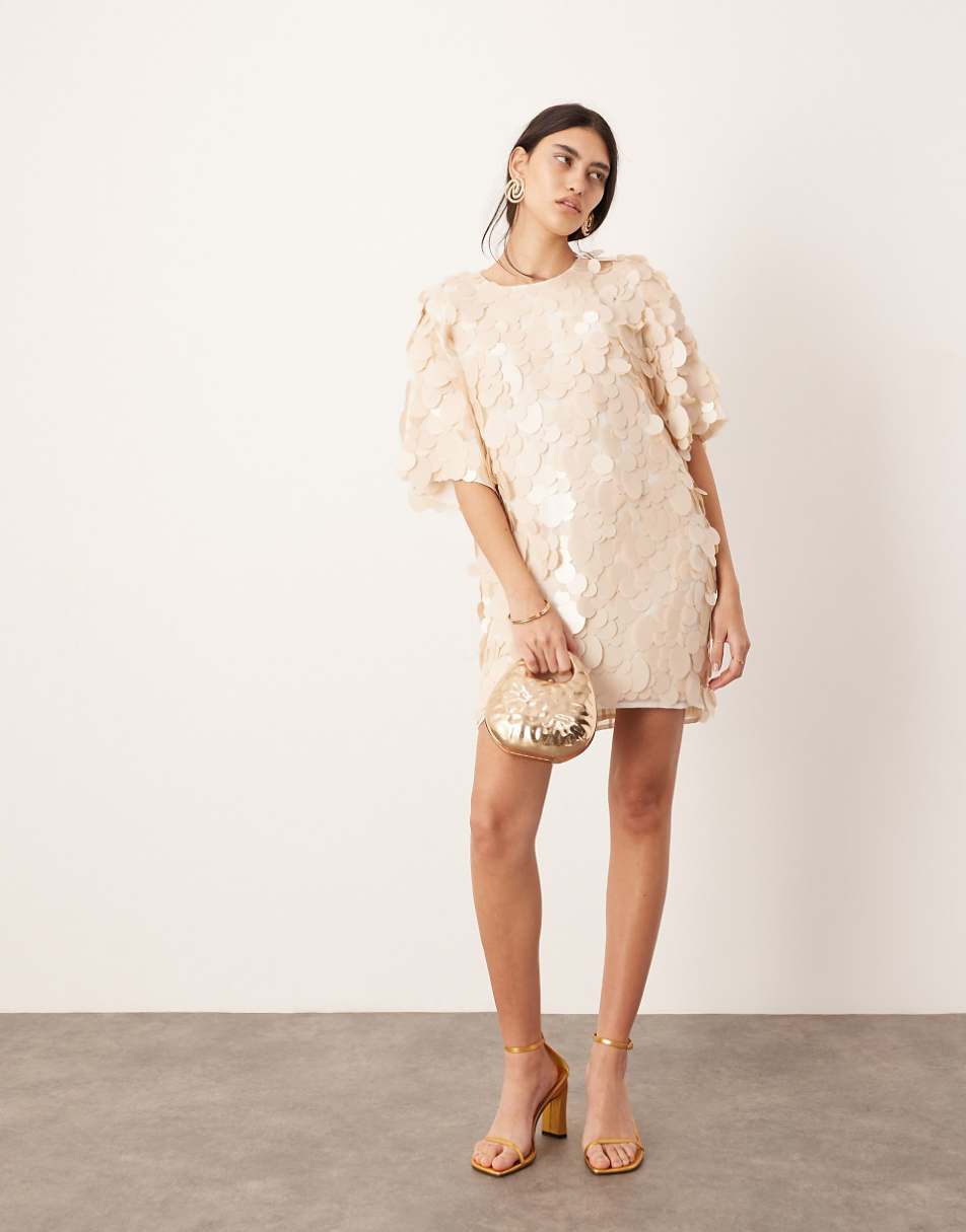 ASOS EDITION embellished matte disc sequin t-shirt mini dress in off white