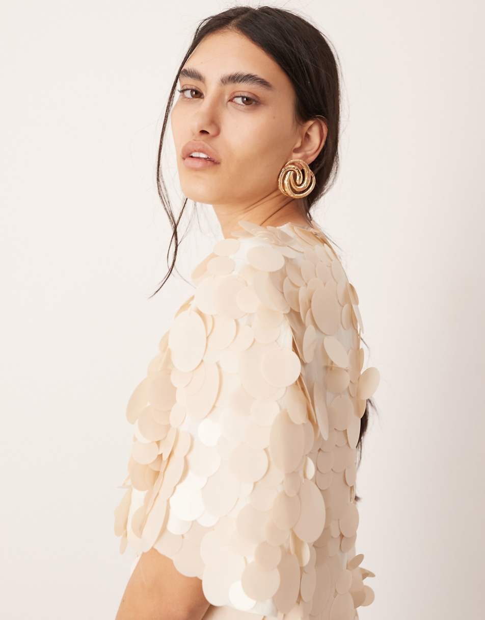 ASOS EDITION embellished matte disc sequin t-shirt mini dress in off white
