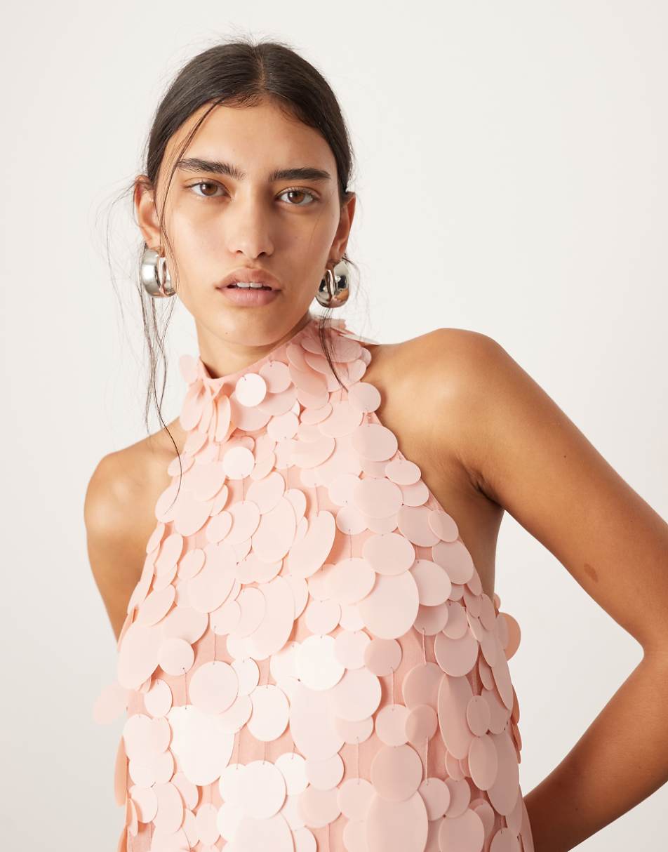 ASOS EDITION embellished matte disc sequin column midi dress in light pink
