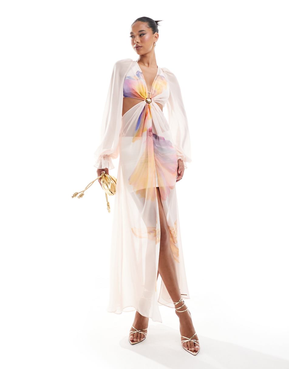 ASOS LUXE beach slip drape maxi dress with shell trim in pink placement print