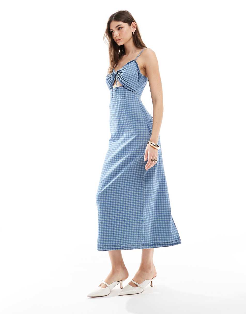 ASOS DESIGN denim cut out midi dress in blue gingham