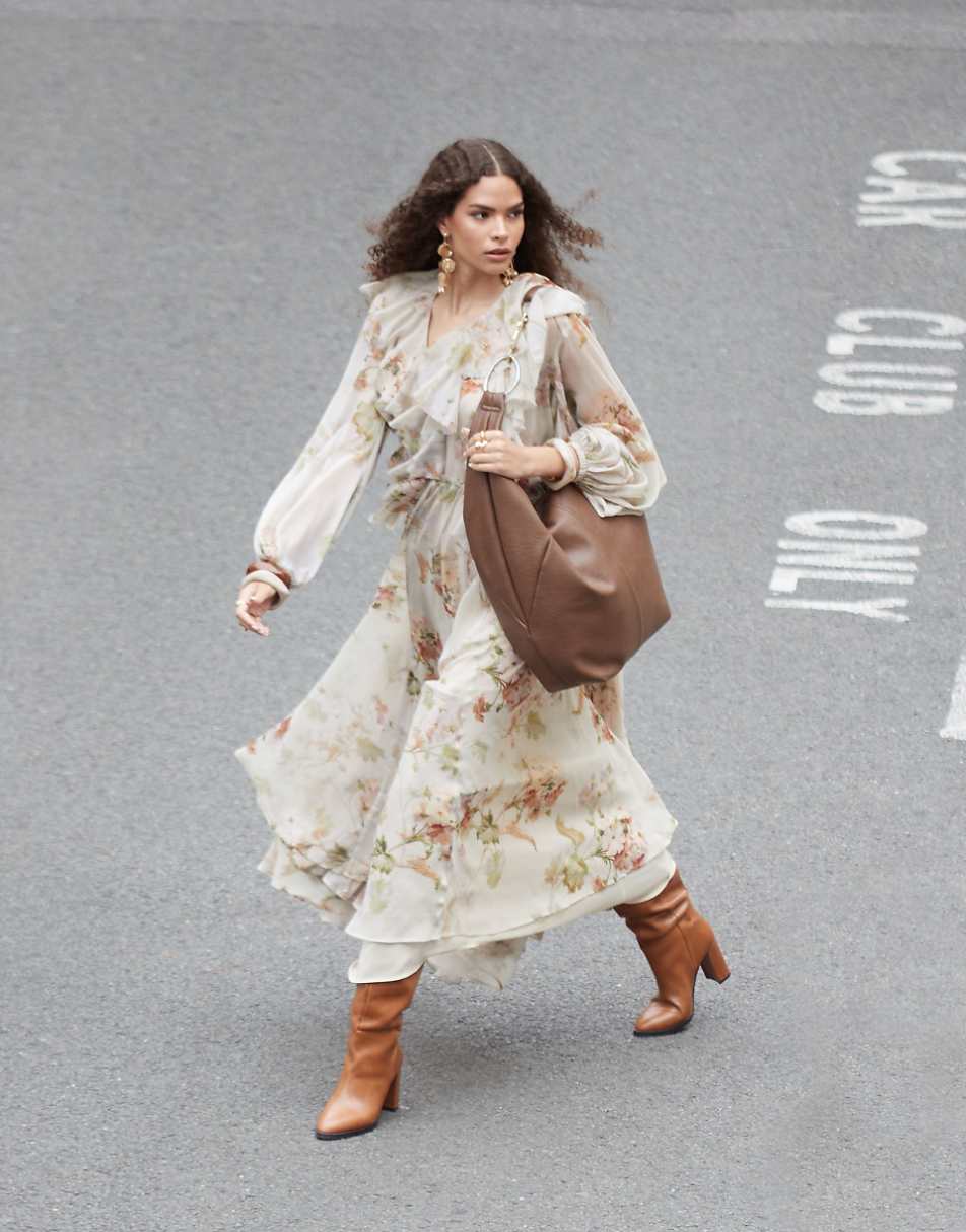 ASOS EDITION raw edge ruffle maxi dress with drawstring waist in cream floral print