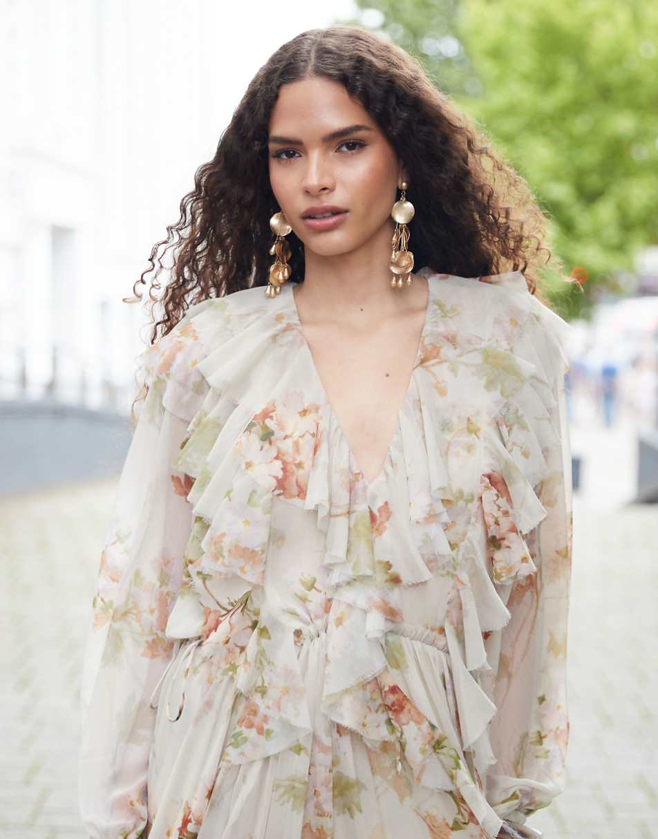 ASOS EDITION raw edge ruffle maxi dress with drawstring waist in cream floral print