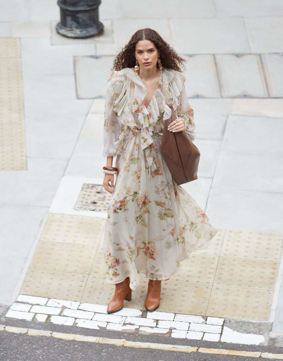 ASOS EDITION raw edge ruffle maxi dress with drawstring waist in cream floral print