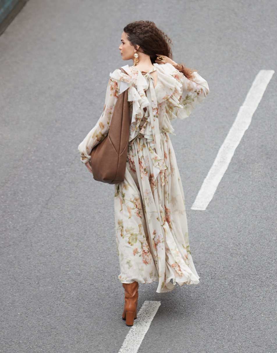 ASOS EDITION raw edge ruffle maxi dress with drawstring waist in cream floral print