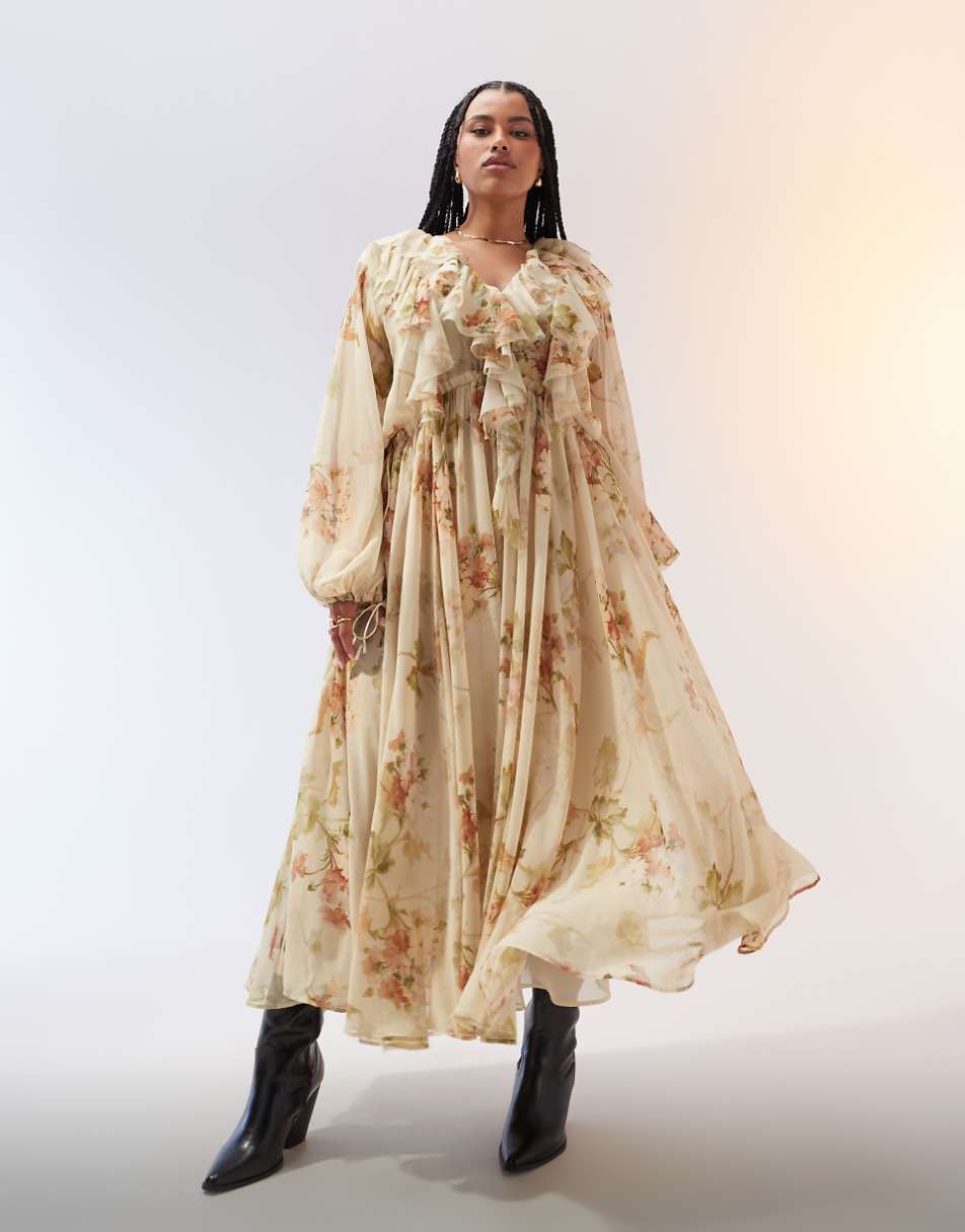 ASOS EDITION Curve raw edge ruffle maxi dress with drawstring waist in cream floral print