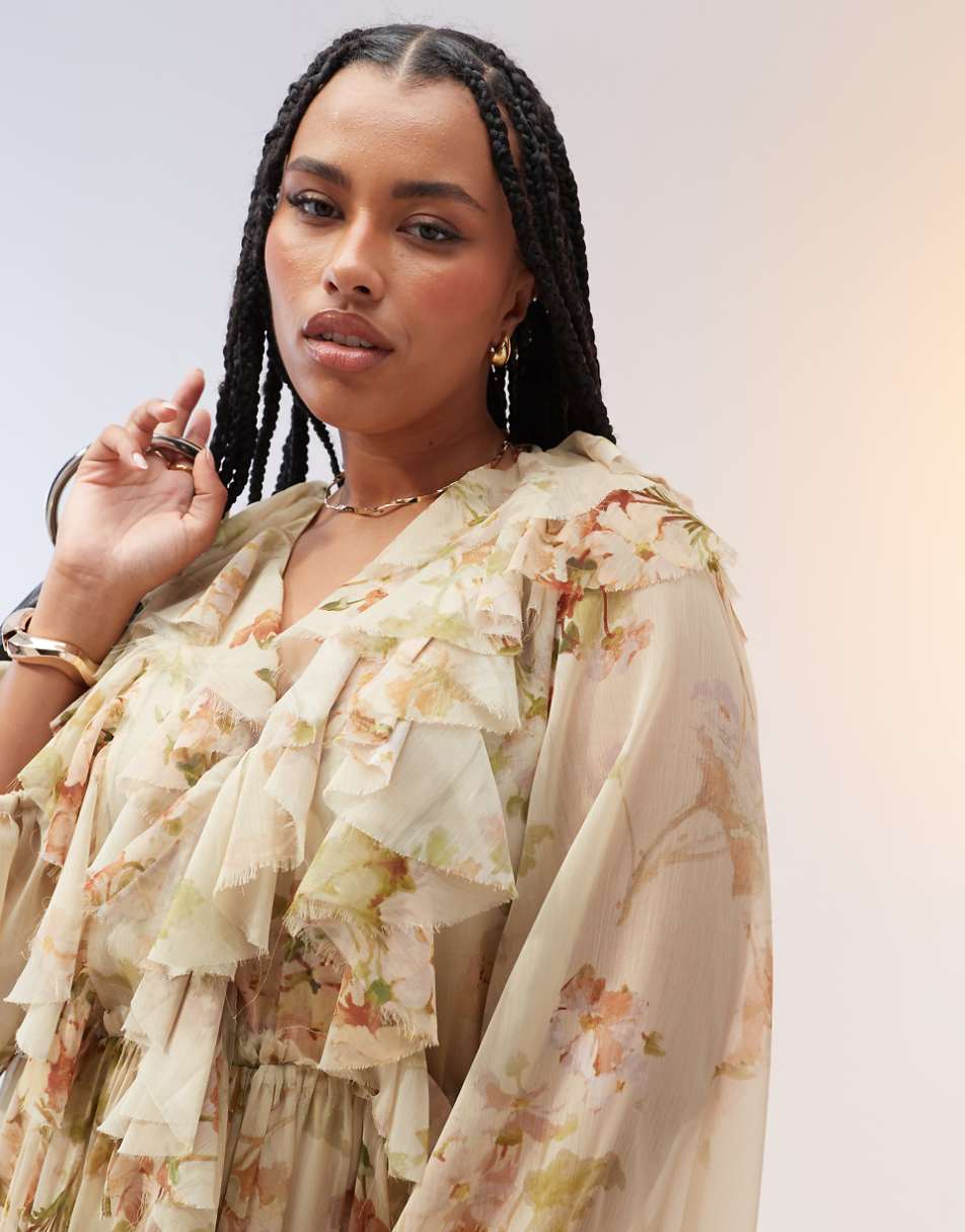 ASOS EDITION Curve raw edge ruffle maxi dress with drawstring waist in cream floral print