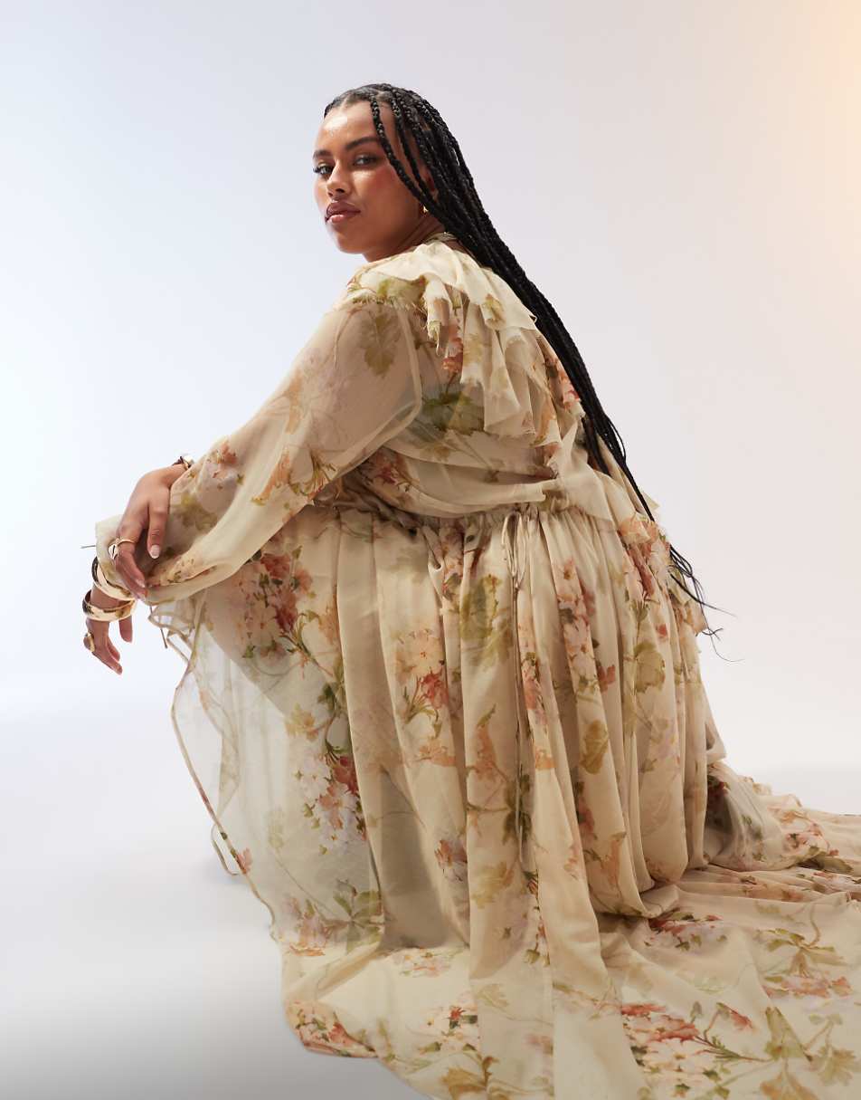 ASOS EDITION Curve raw edge ruffle maxi dress with drawstring waist in cream floral print