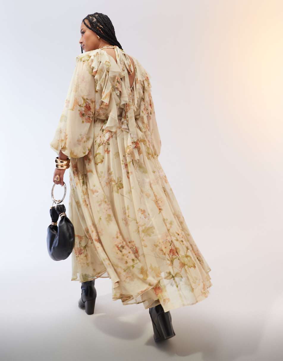 ASOS EDITION Curve raw edge ruffle maxi dress with drawstring waist in cream floral print