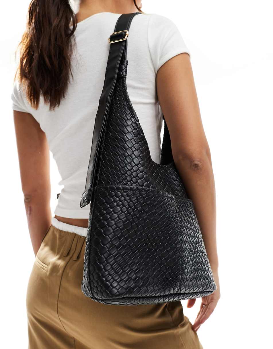 Glamorous large woven shoulder bag with pocket detail in black