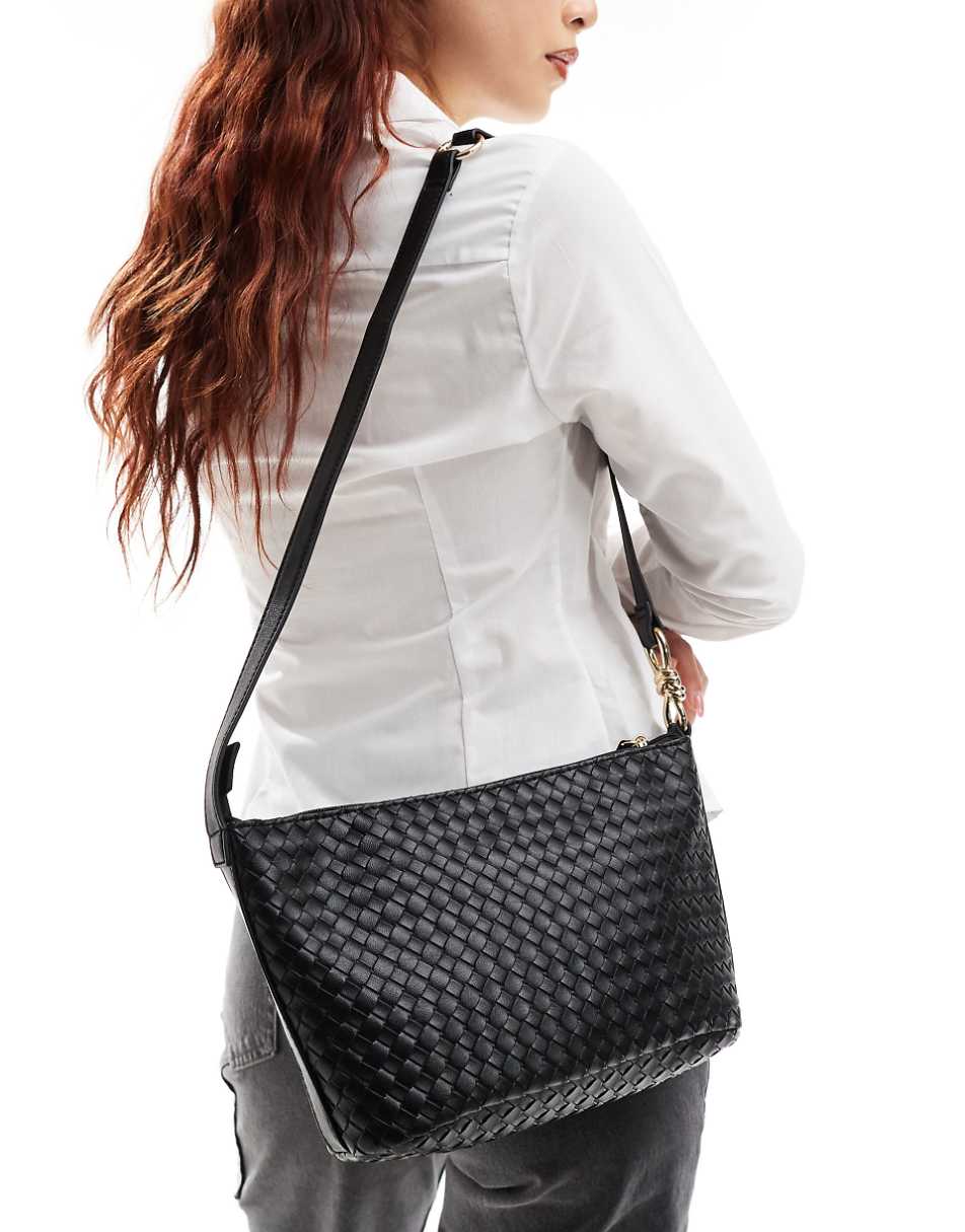 Glamorous woven detail shoulder bag in black