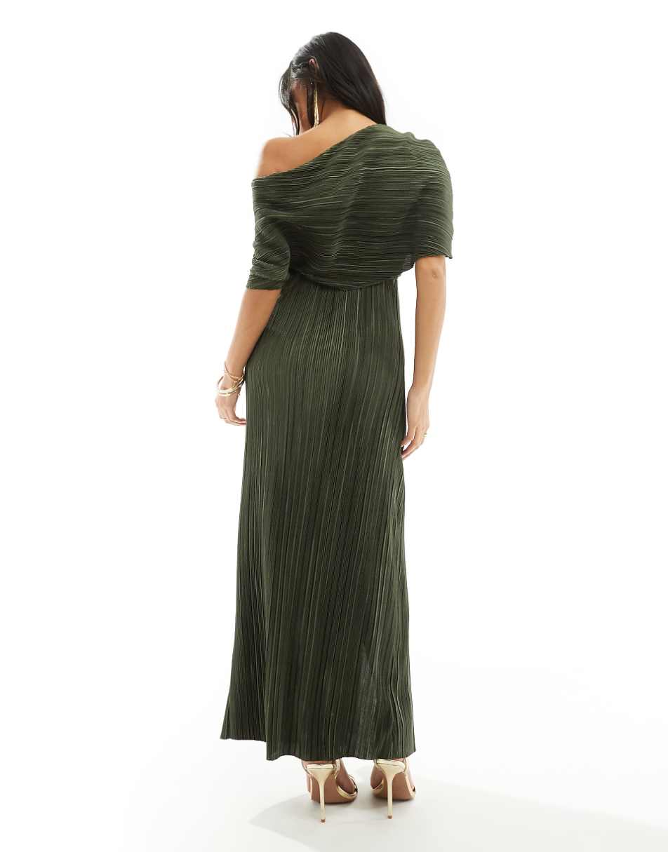ASOS DESIGN Petite two-in-one fallen shoulder plisse maxi dress in khaki