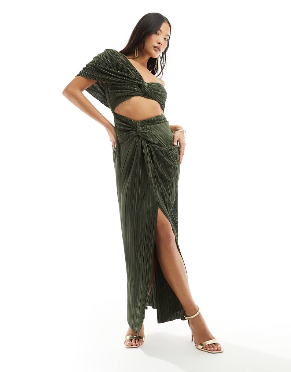 ASOS DESIGN Petite two-in-one fallen shoulder plisse maxi dress in khaki