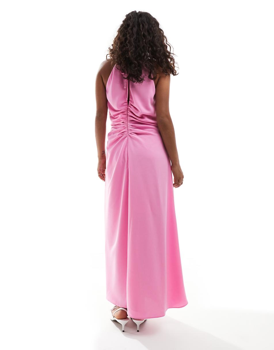ASOS DESIGN Petite high neck ruched front midi dress in pink
