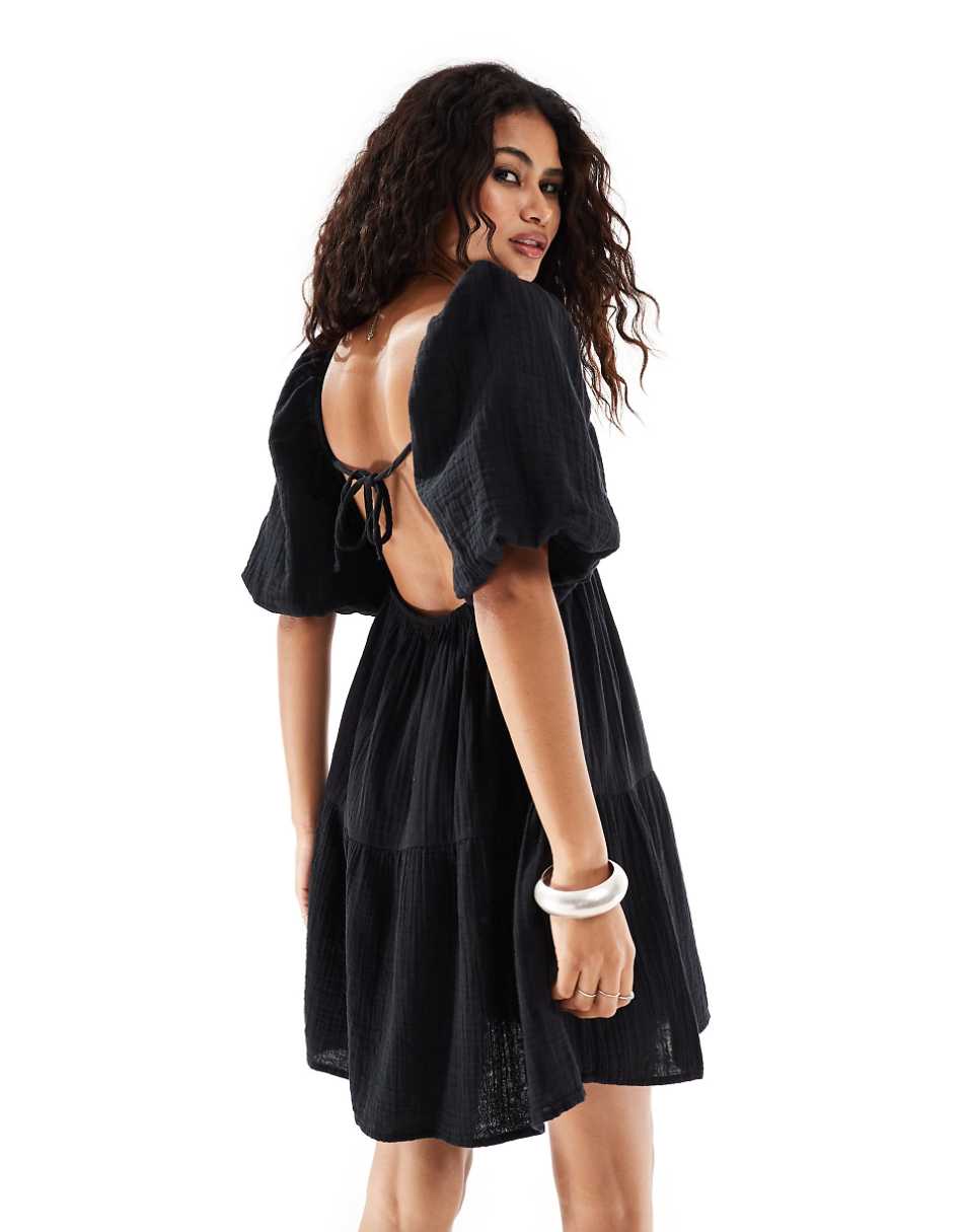Monki square neck mini dress with tiered hem in textured black