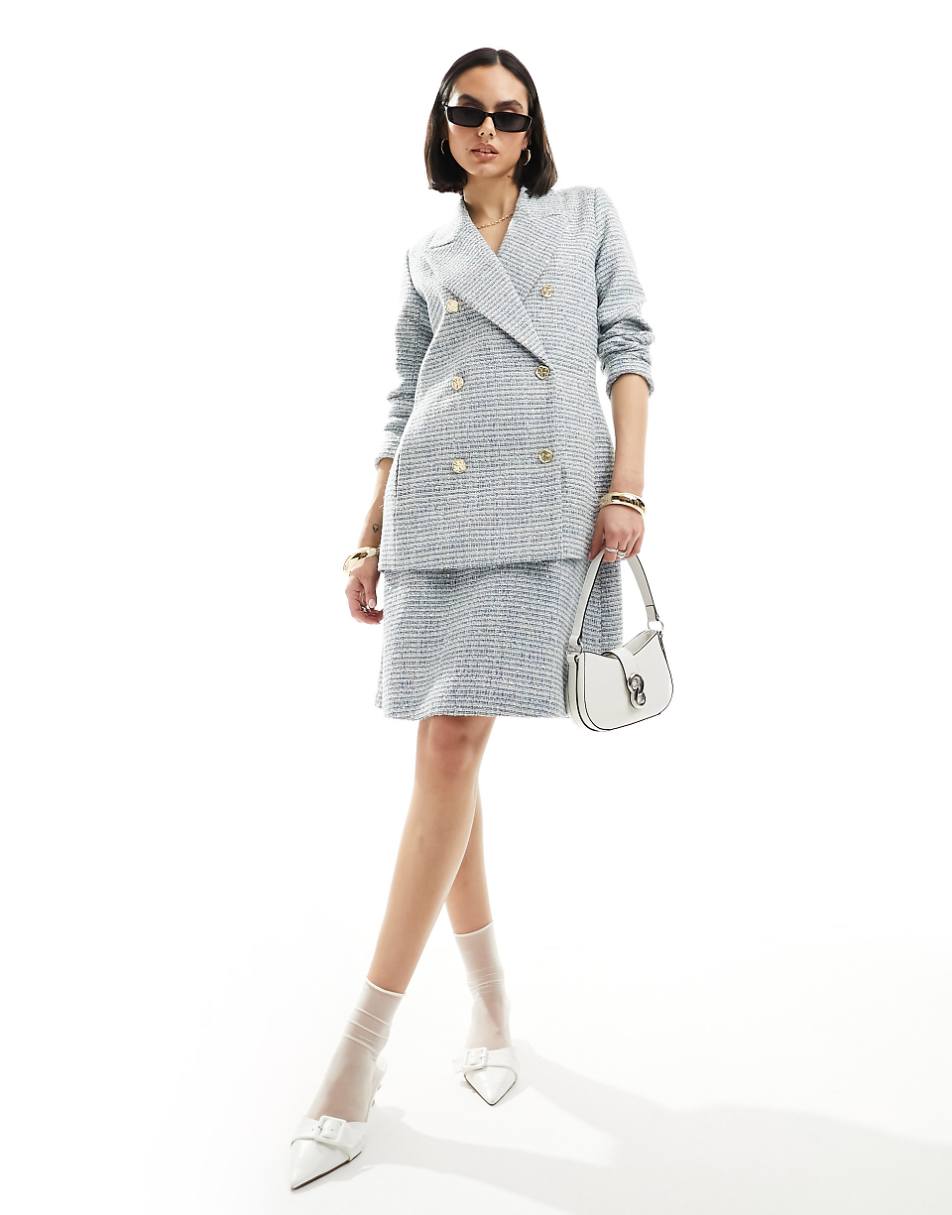 Closet London double breasted blazer in baby blue tweed check - part of a set