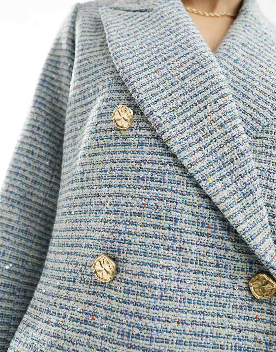 Closet London double breasted blazer in baby blue tweed check - part of a set