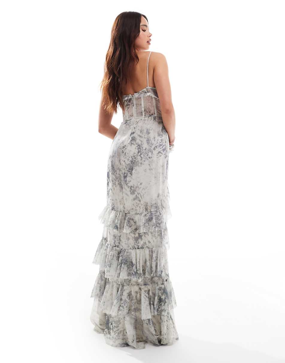 ASOS DESIGN raw edge corset detail panelled maxi dress with hi low ruffle hem in mono floral print