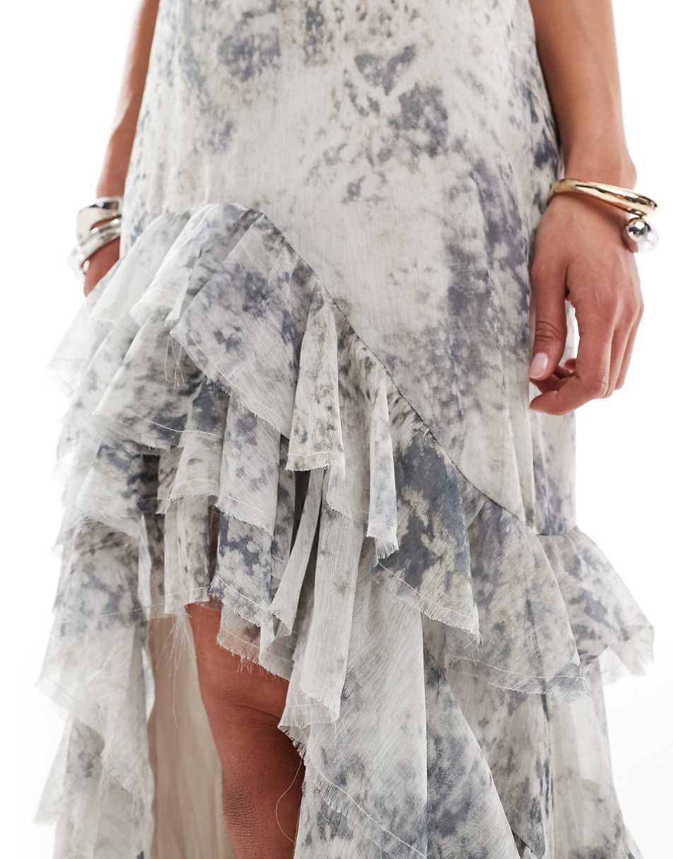 ASOS DESIGN raw edge corset detail panelled maxi dress with hi low ruffle hem in mono floral print