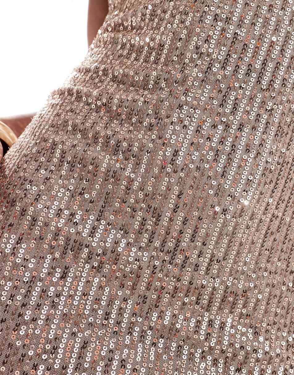 ASOS DESIGN sequin 90s neckline minimal midi dress in mocha