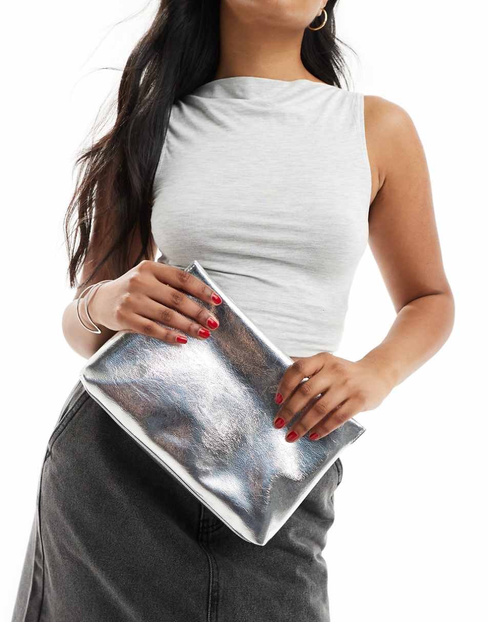 ASOS DESIGN zip top clutch bag in metallic silver