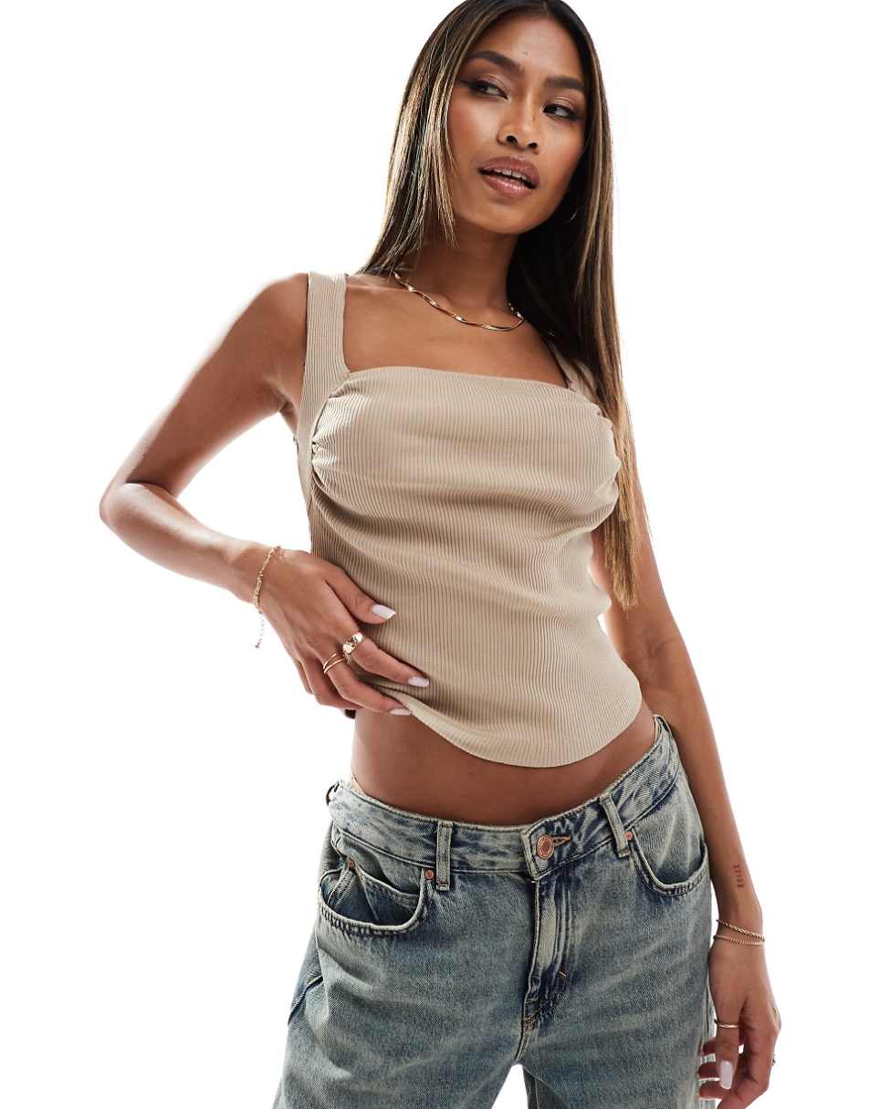 ASOS DESIGN ribbed square neck tank top in camel