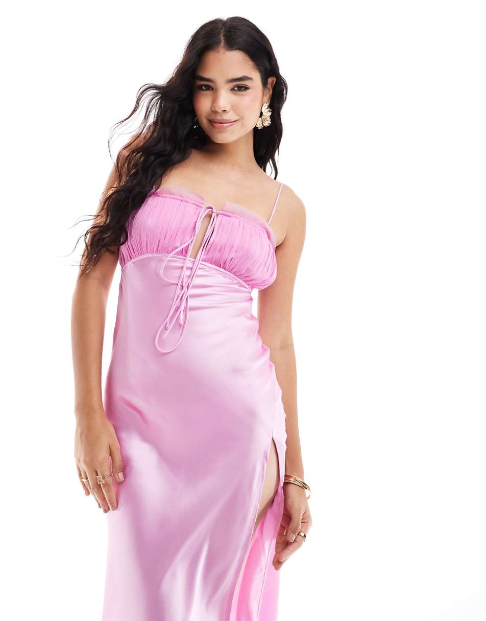 ASOS DESIGN satin midi dress with ruched chiffon bust detail in pink