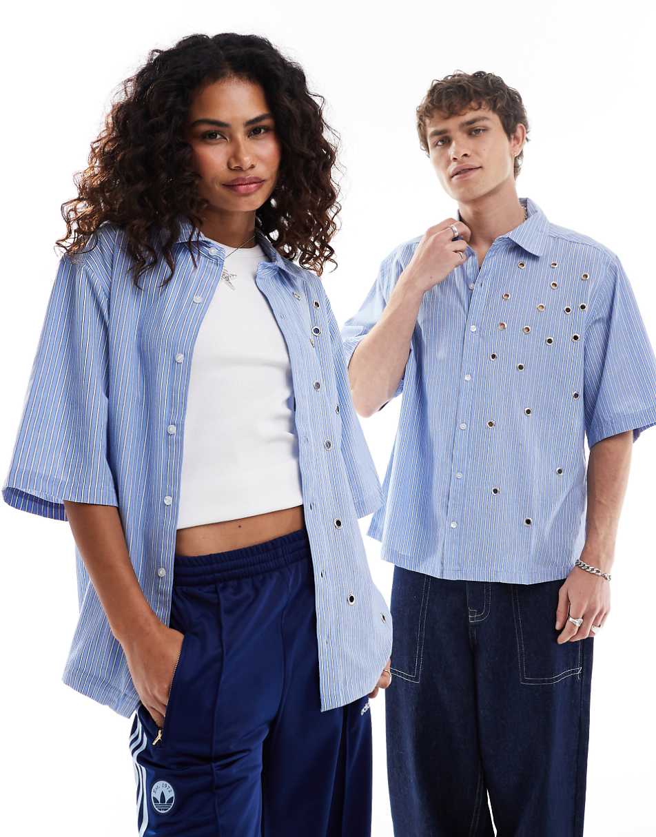 COLLUSION Unisex boxy shirt with grommet details in stripe