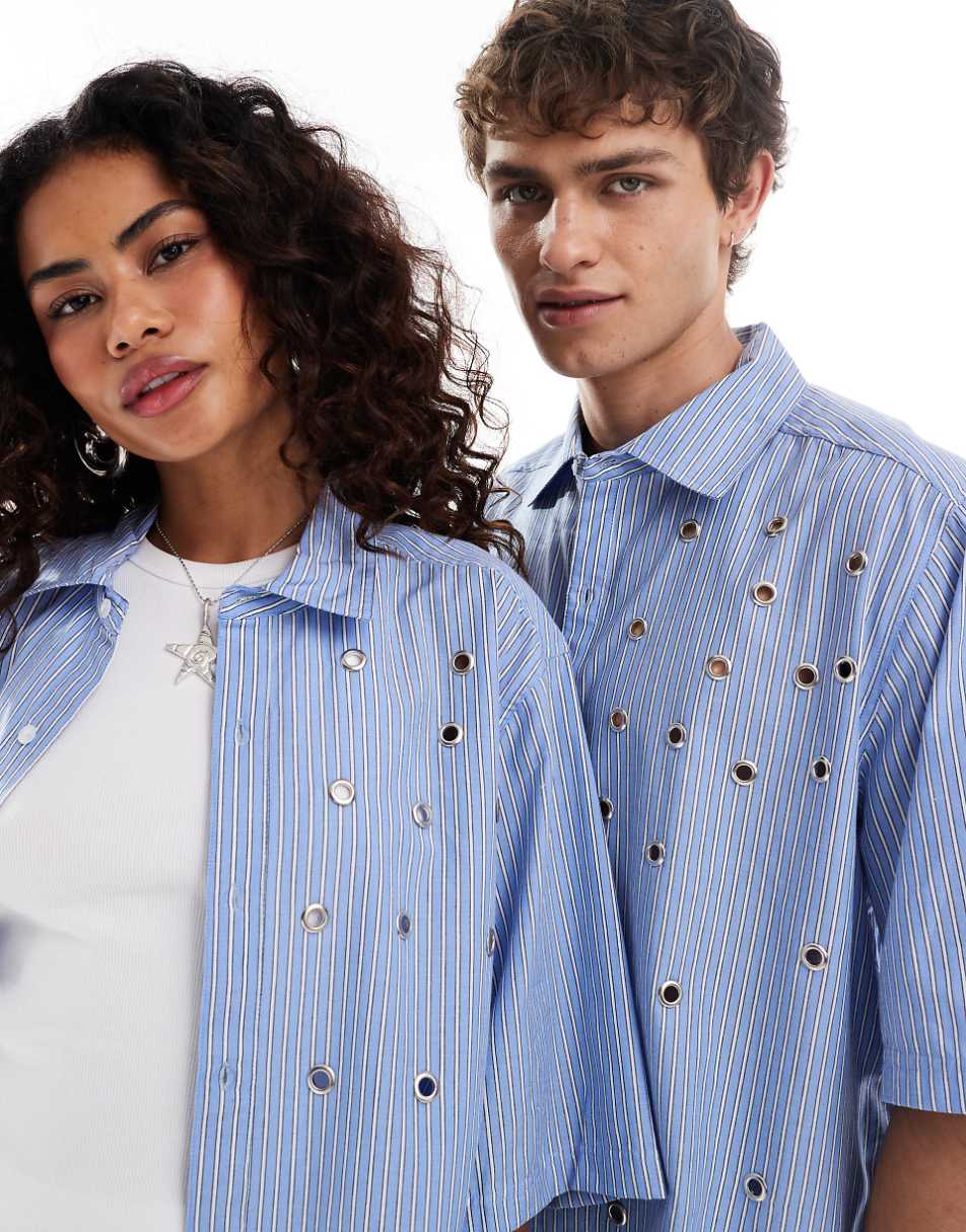 COLLUSION Unisex boxy shirt with grommet details in stripe