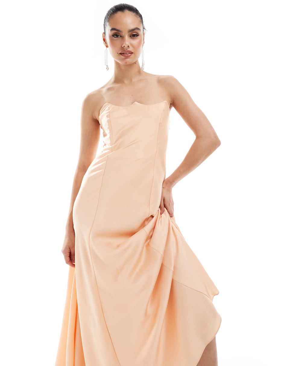 ASOS DESIGN satin bandeau midi dress with shaped neckline in peach