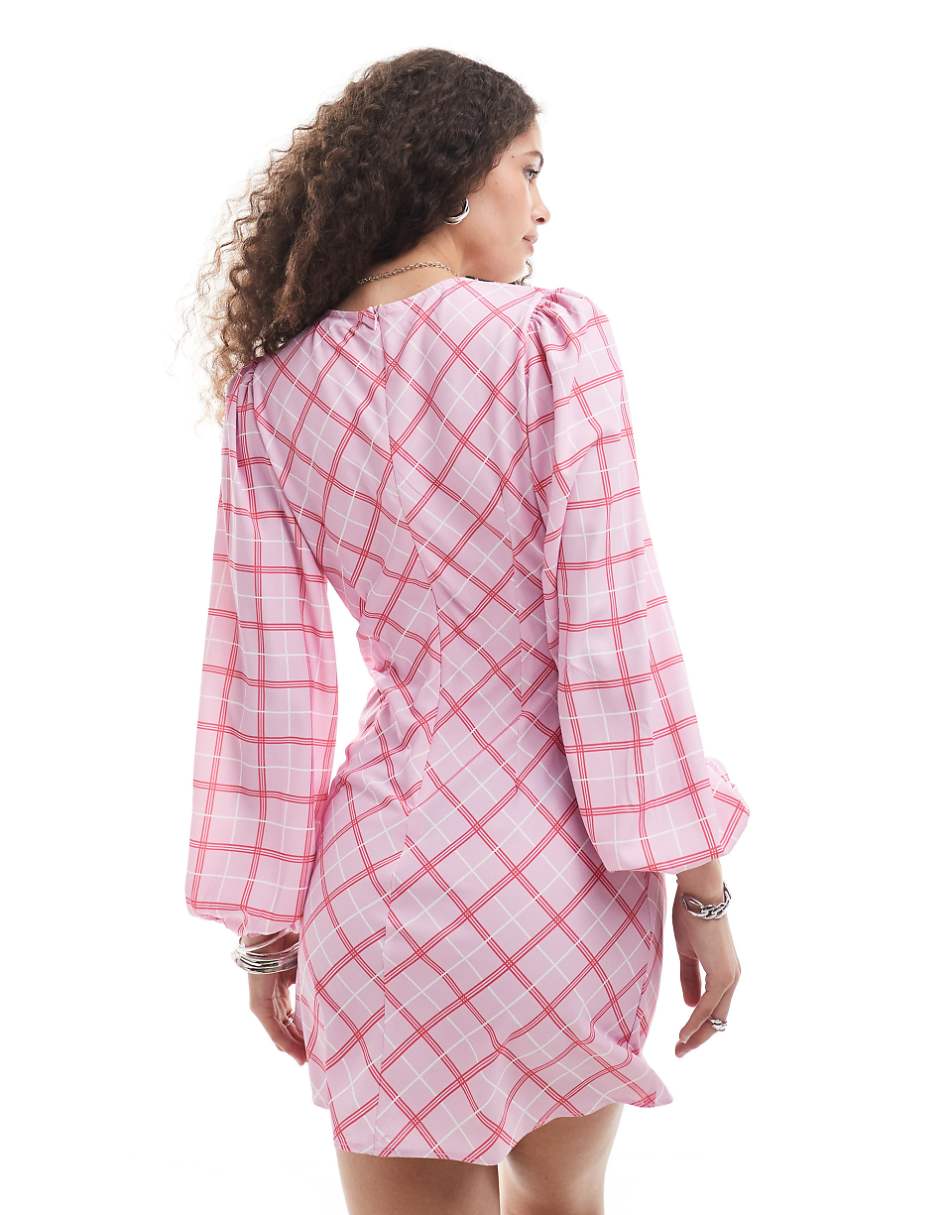 Glamorous v neck long sleeve flippy mini dress in pink plaid