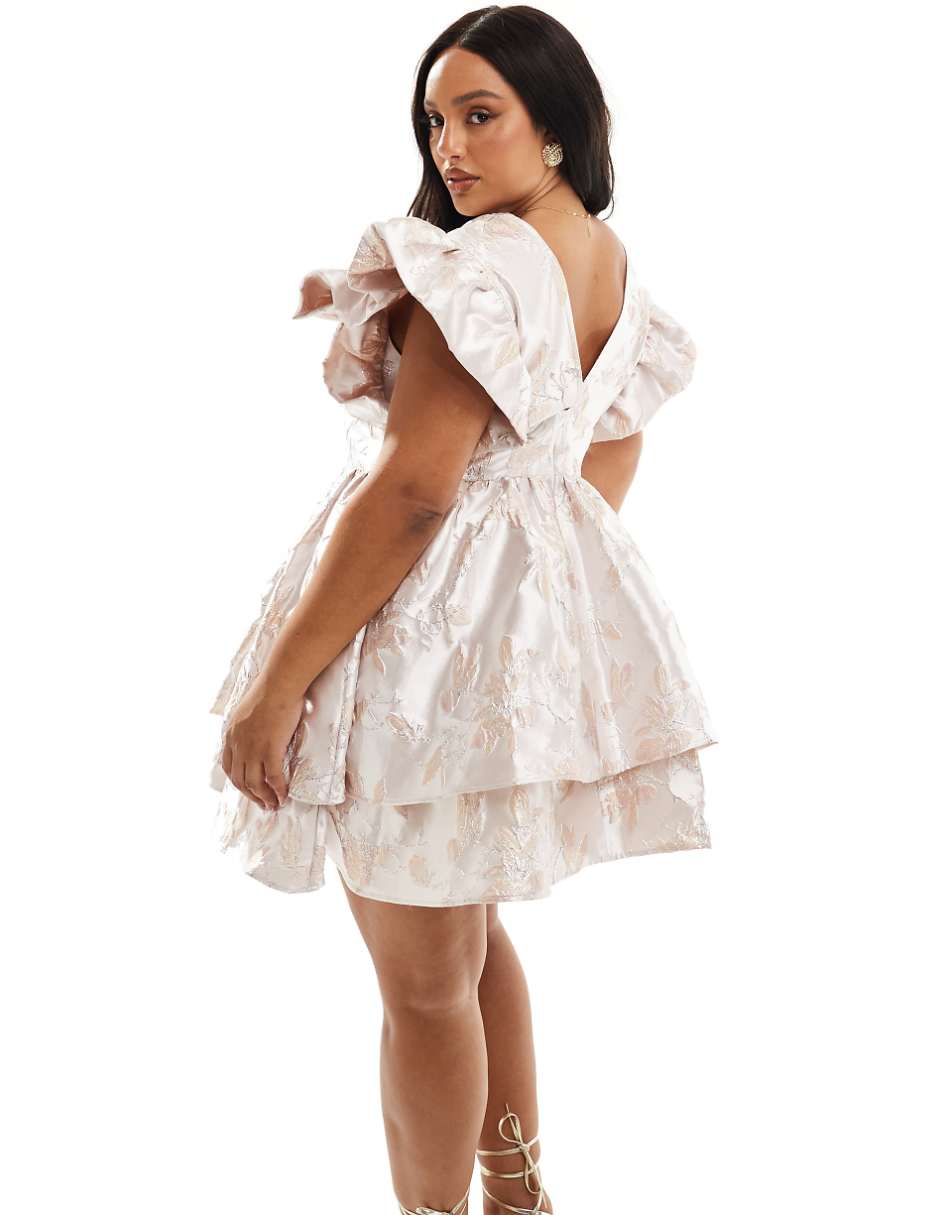 ASOS LUXE Curve jacquard plunge ruffle mini skater dress in pink floral print