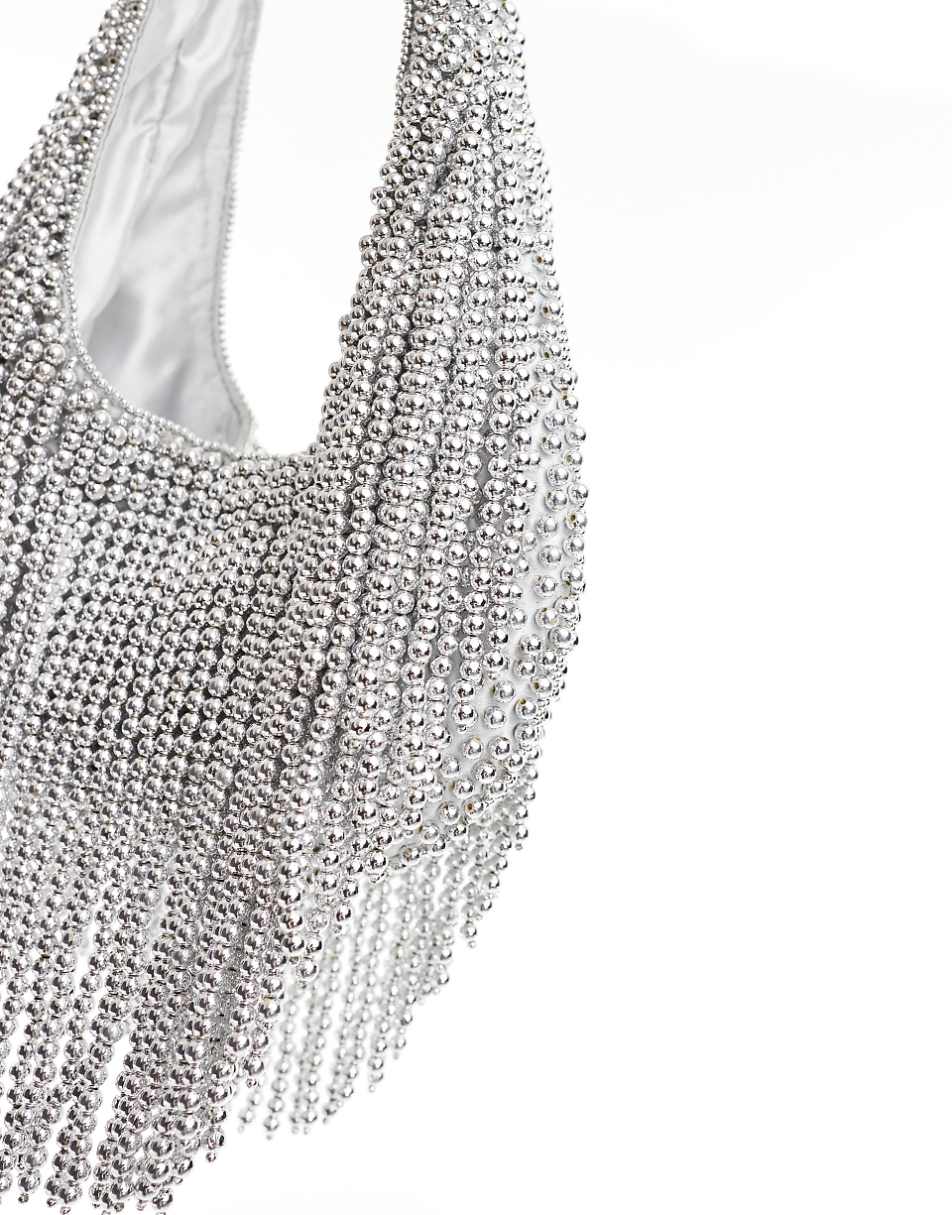 ASOS DESIGN scoop shoulder bag with beaded fringe detail in silver