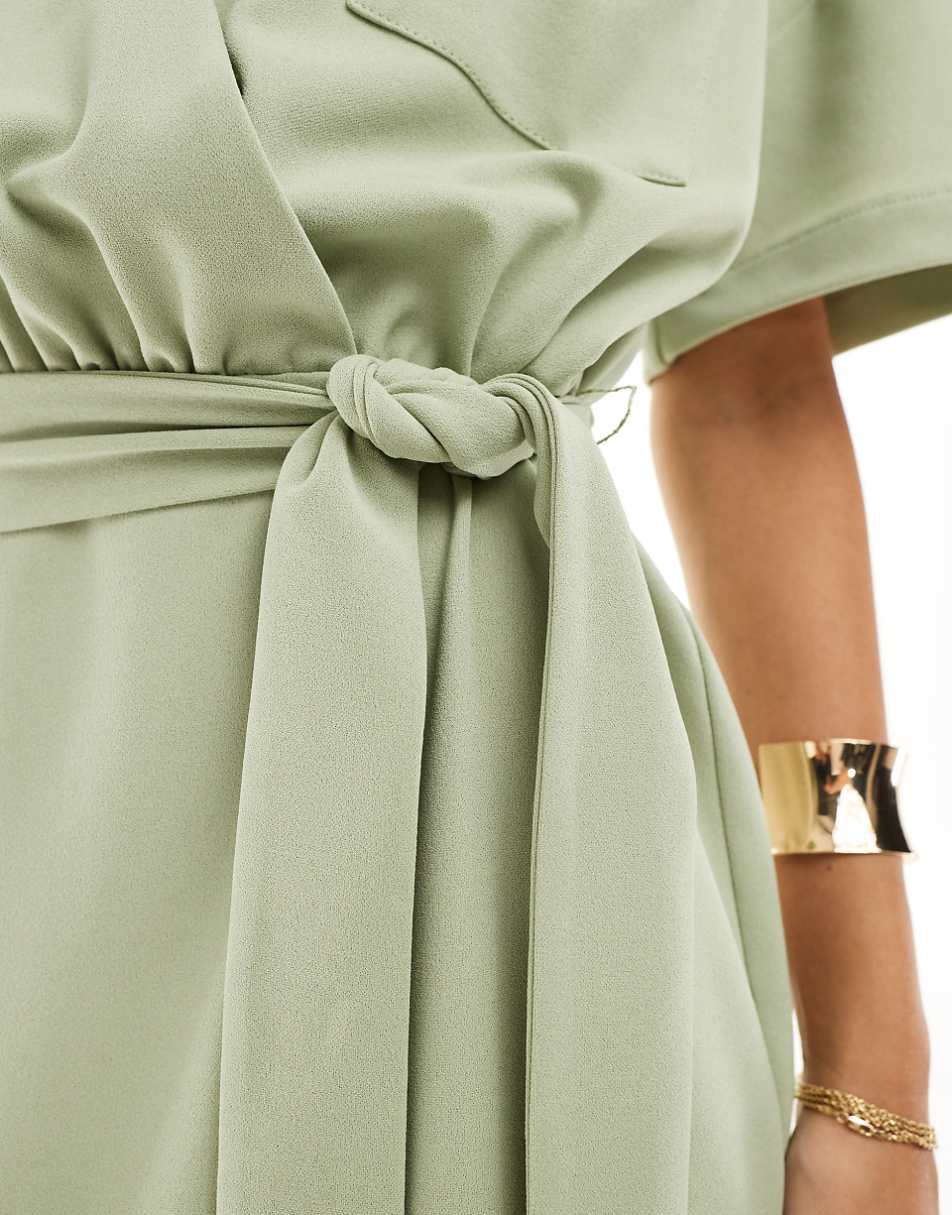 ASOS DESIGN utility collared belt bodycon midi dress in sage green