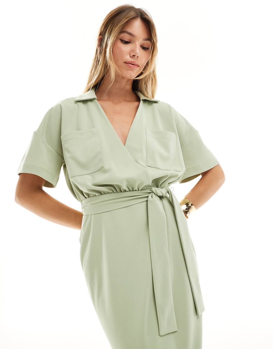 ASOS DESIGN utility collared belt bodycon midi dress in sage green