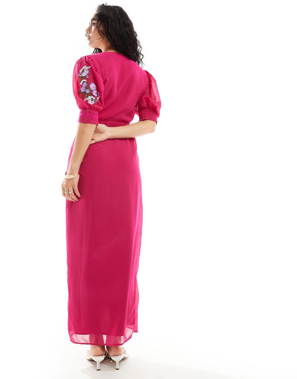 Hope & Ivy wrap maxi dress in cherry red with multi embroidery