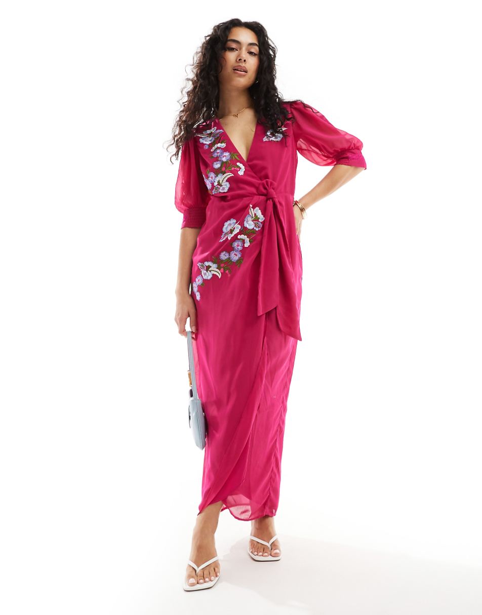 Hope & Ivy wrap maxi dress in cherry red with multi embroidery