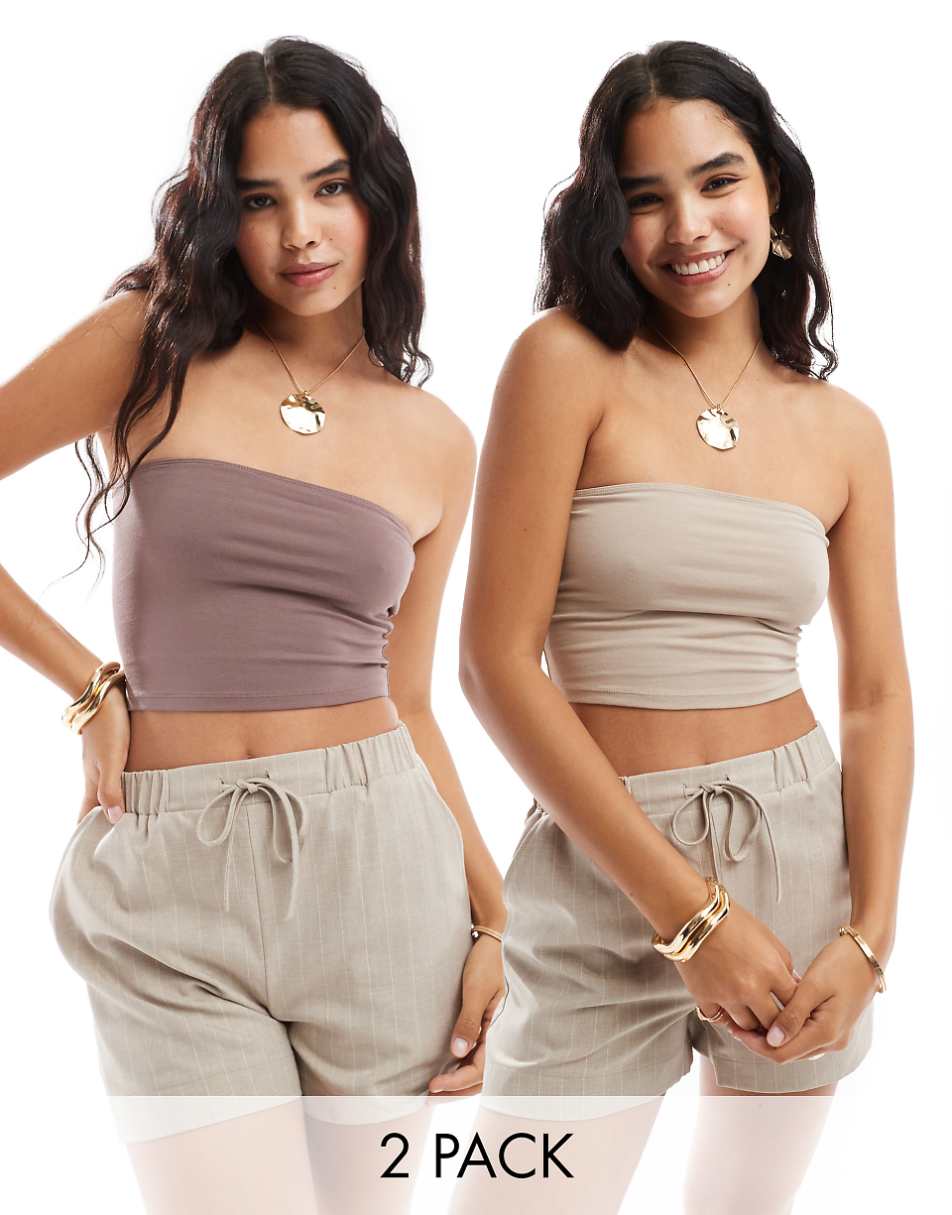 ASOS DESIGN ultimate crop bandeau top 2 pack in stone and taupe