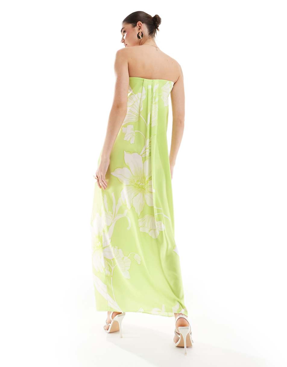 ASOS DESIGN satin bandeau drape column midi dress in lime floral print