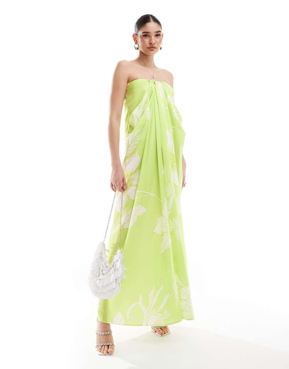 ASOS DESIGN satin bandeau drape column midi dress in lime floral print