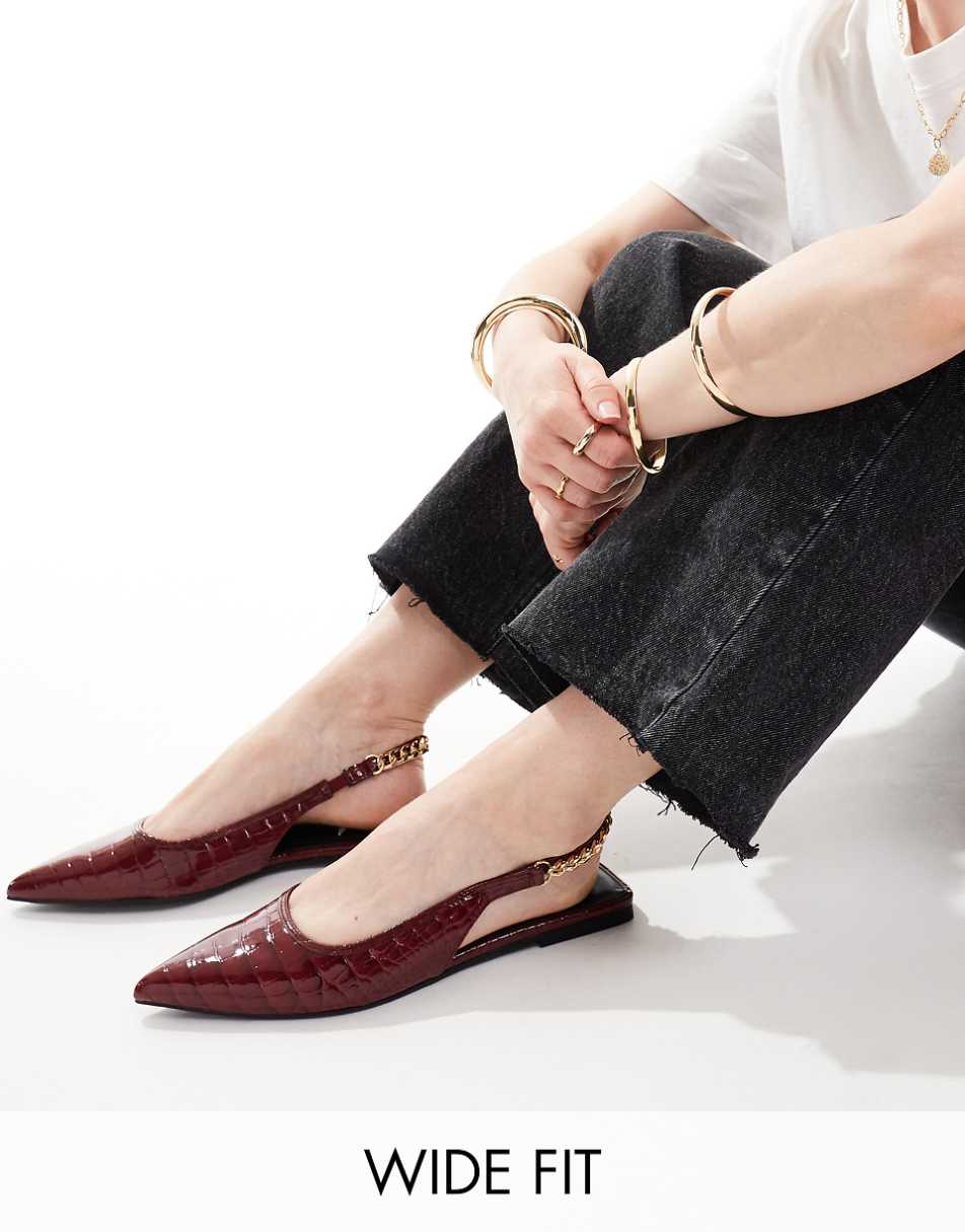 ASOS DESIGN Wide Fit Link ballet flats in burgundy croc