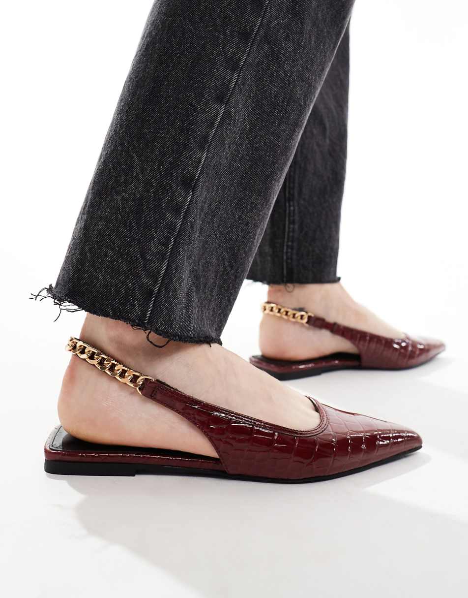ASOS DESIGN Wide Fit Link ballet flats in burgundy croc