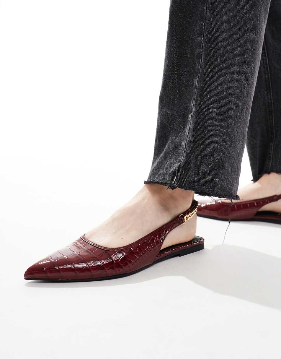 ASOS DESIGN Wide Fit Link ballet flats in burgundy croc