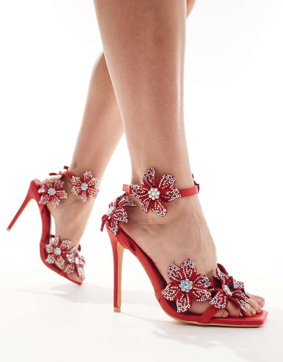 Azalea Wang Romi high heeled sandals with embellished flowers in red