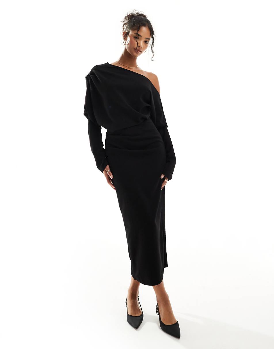 ASOS DESIGN slouchy fallen shoulder midi dress in black