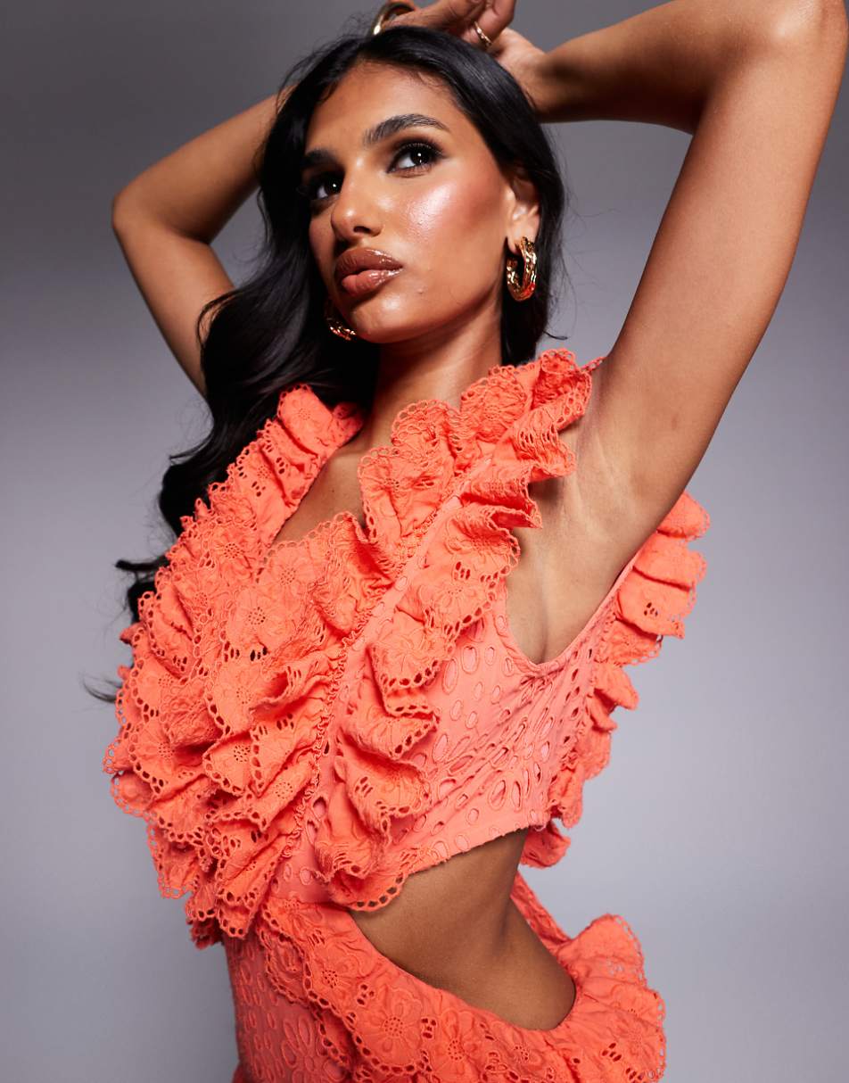 ASOS LUXE Premium eyelet ruffle plunge maxi dress in coral