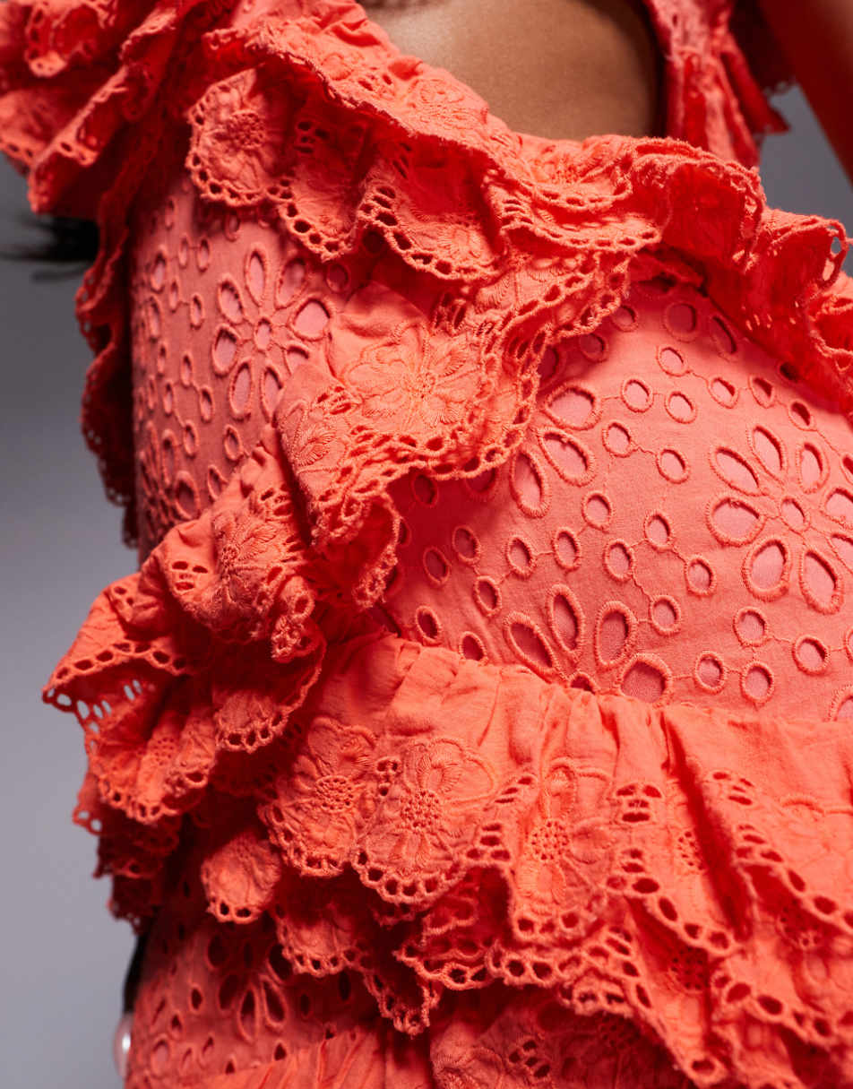ASOS LUXE Premium eyelet ruffle plunge maxi dress in coral
