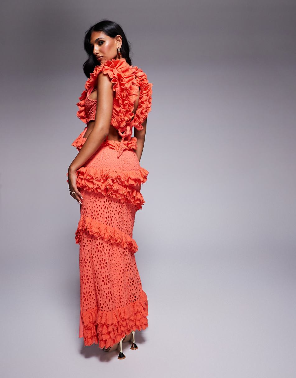 ASOS LUXE Premium eyelet ruffle plunge maxi dress in coral
