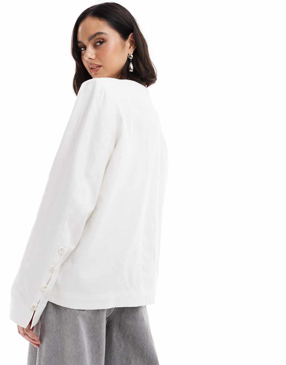 NA-KD linen collarless jacket in white